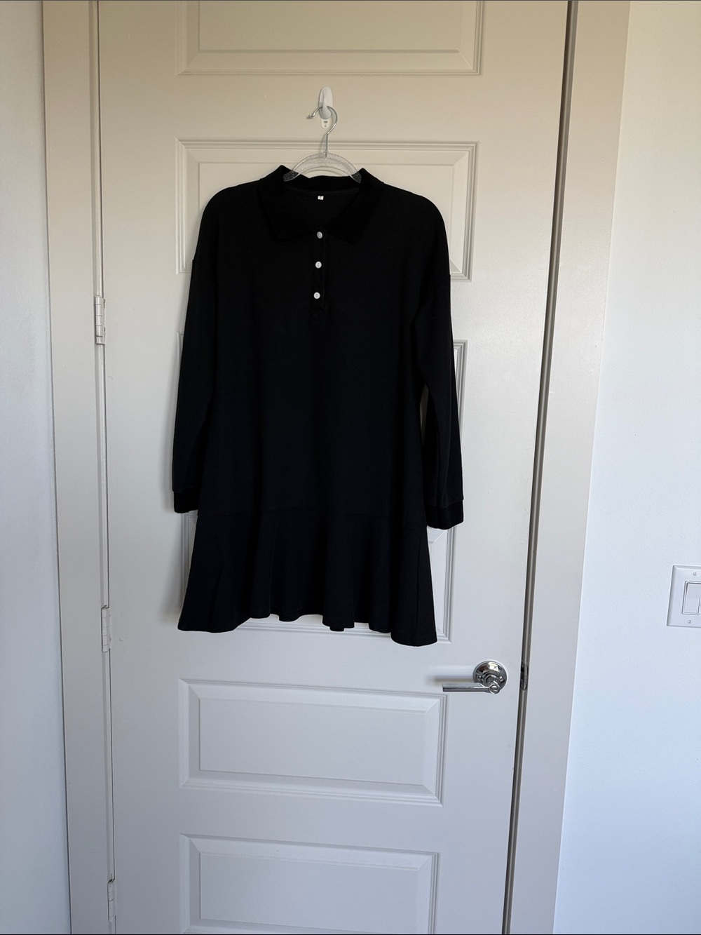 Black Long-Sleeve Polo Dress with Ruffled Hem
